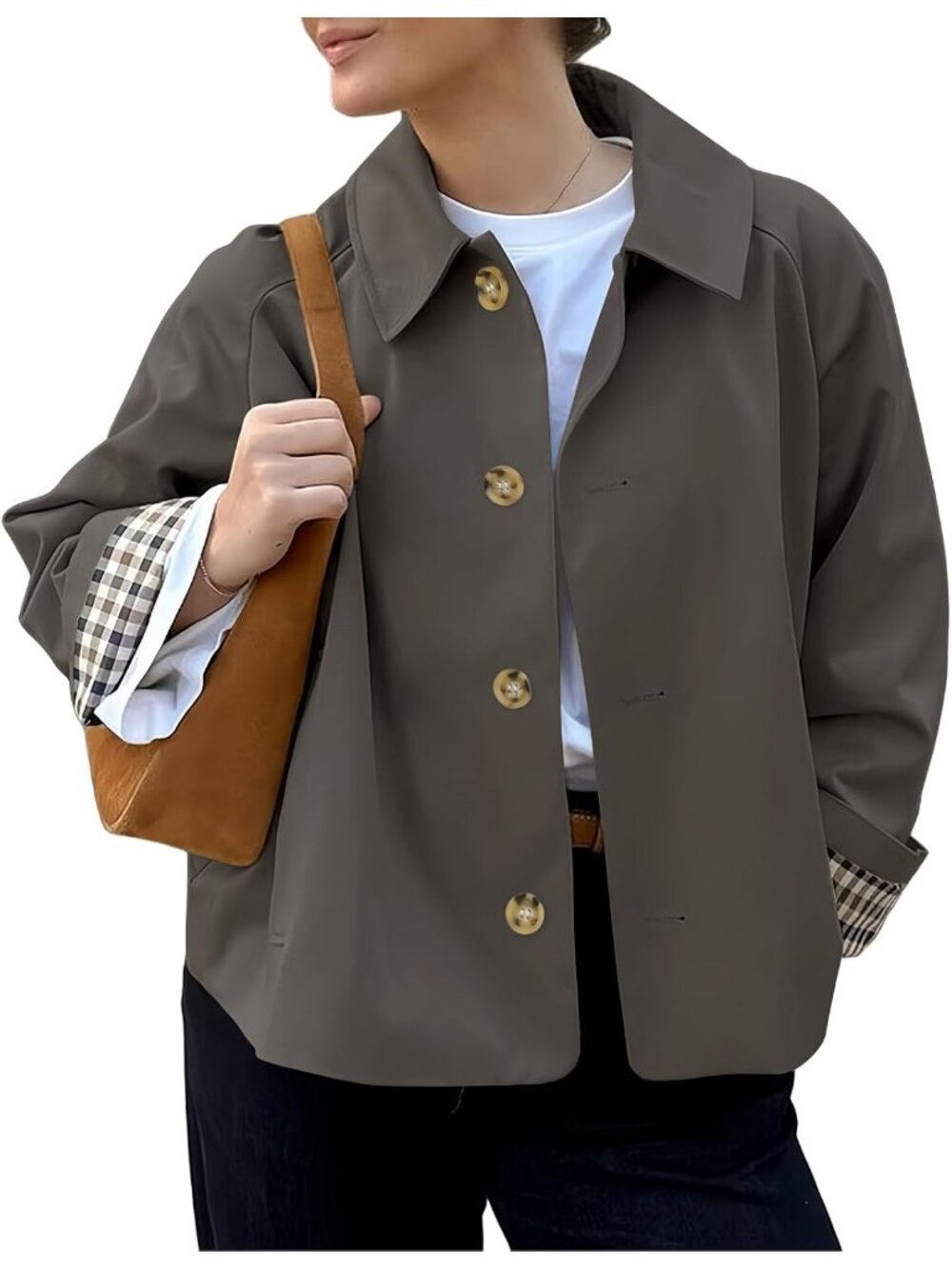 Women Grey Cropped Single Breasted Button Front Plaid Cuff Lining Trench Coat
